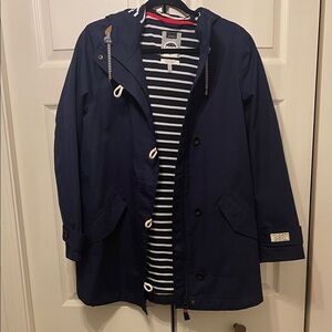 Joules Navy Blue Hooded Waterproof Rain Jacket with Striped Lining